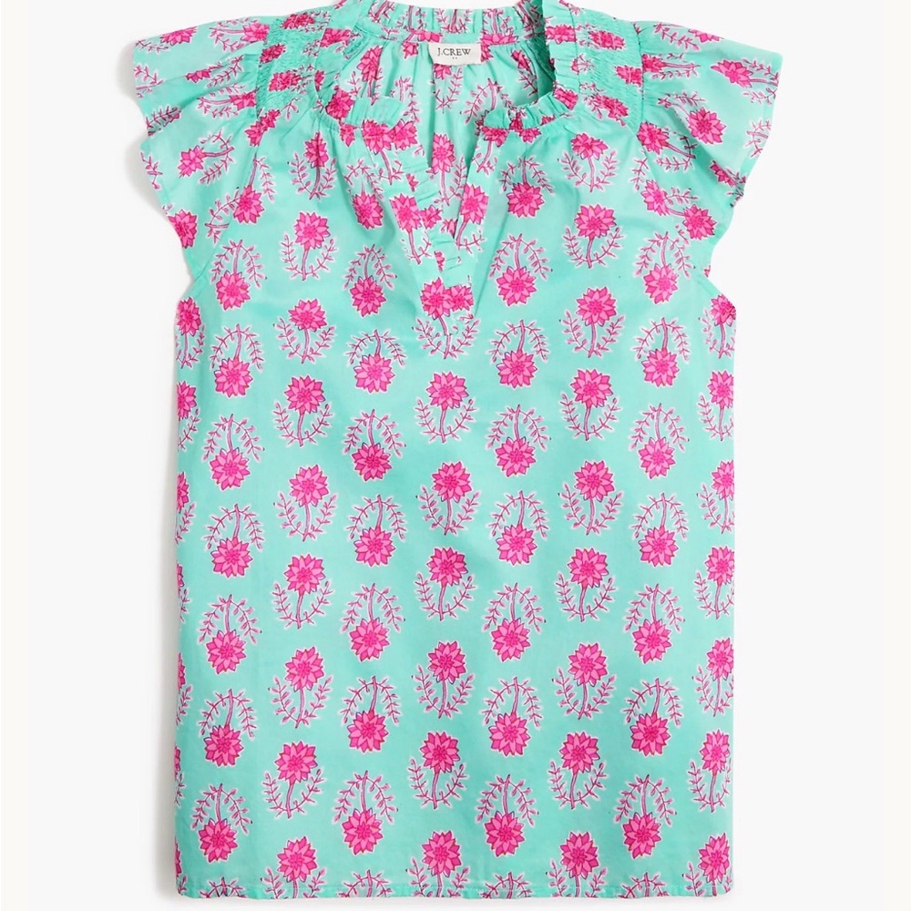 J. Crew Turquoise Floral Flutter Sleeve Top